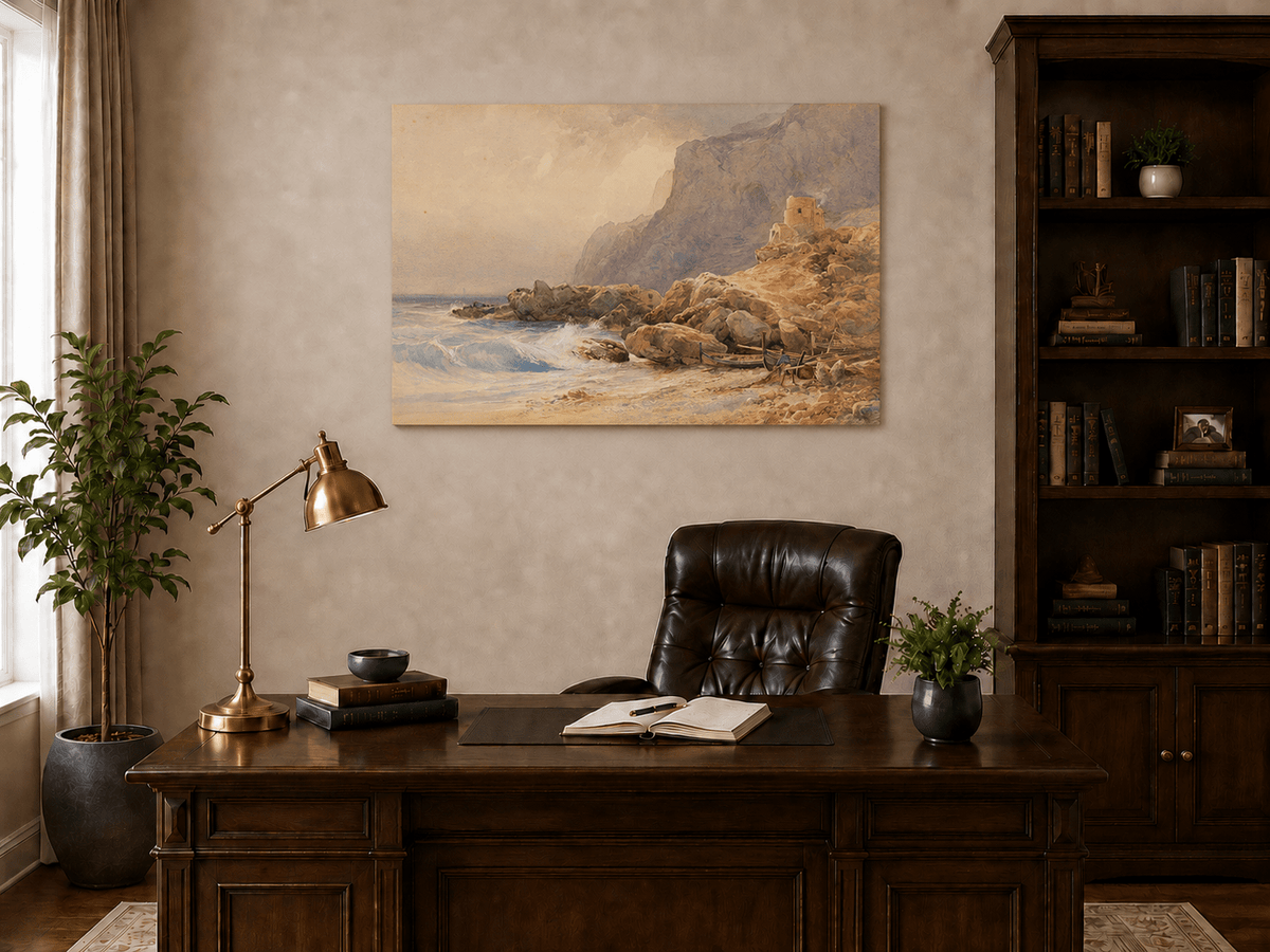 Peinture à l'huile de paysage - Tour de falaise côtière, rivage rocheux et vagues