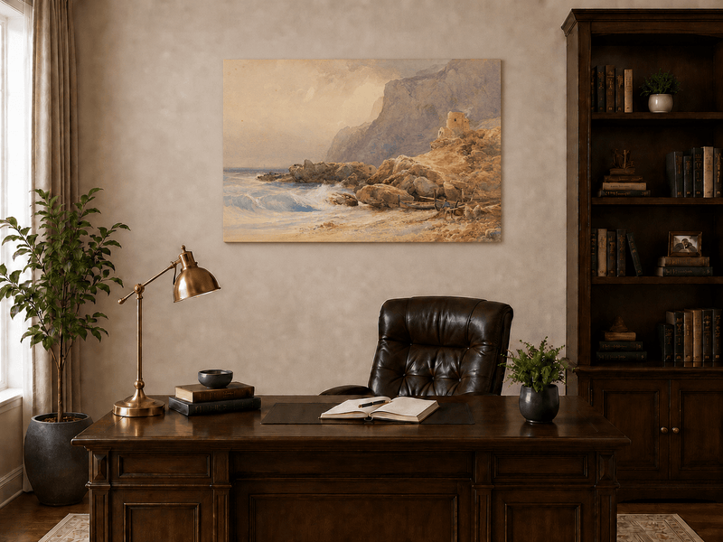 Peinture à l'huile de paysage - Tour de falaise côtière, rivage rocheux et vagues