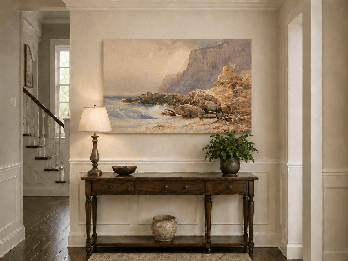 Peinture à l'huile de paysage - Tour de falaise côtière, rivage rocheux et vagues