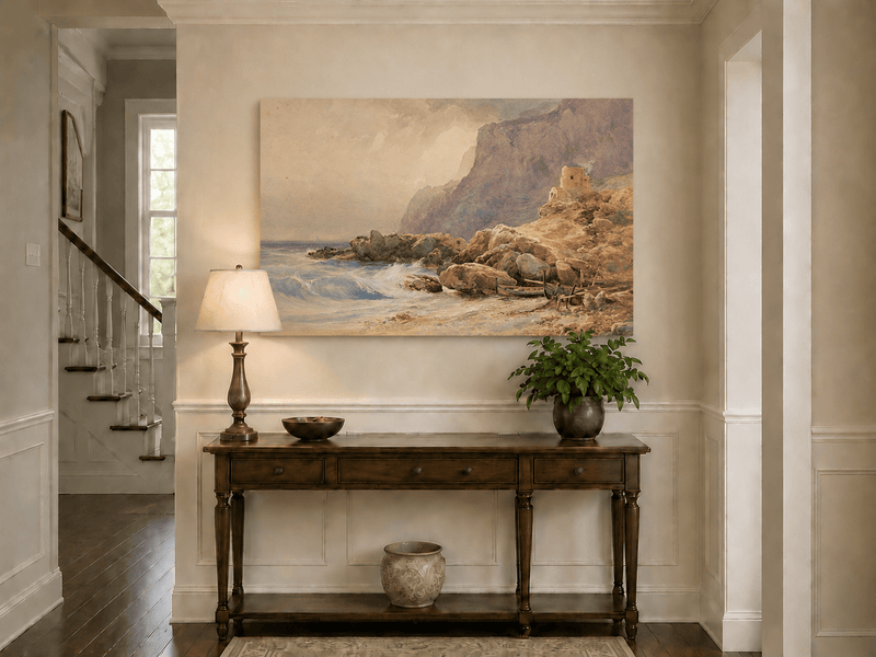 Peinture à l'huile de paysage - Tour de falaise côtière, rivage rocheux et vagues