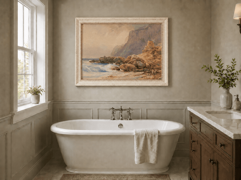 Peinture à l'huile de paysage - Tour de falaise côtière, rivage rocheux et vagues