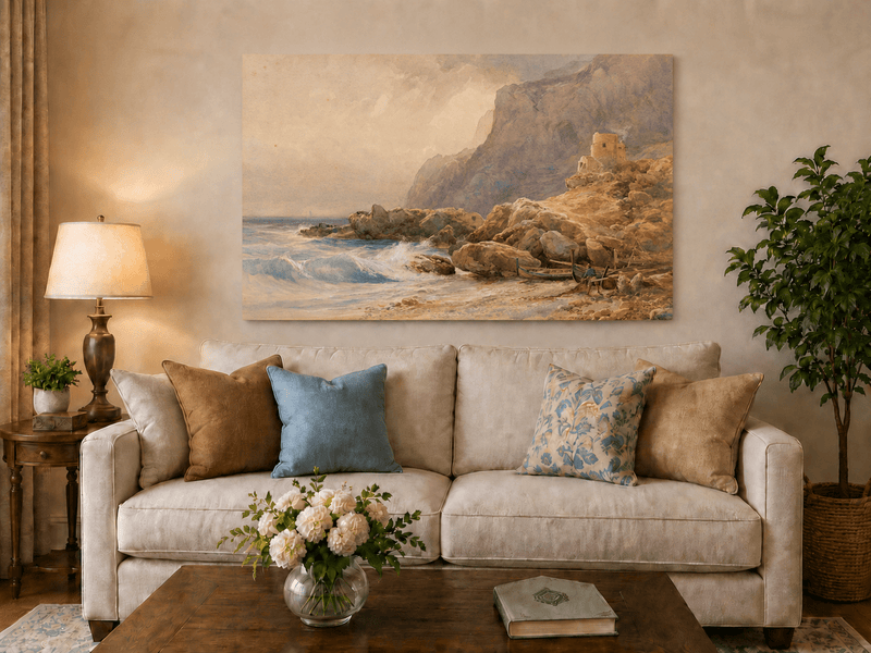 Peinture à l'huile de paysage - Tour de falaise côtière, rivage rocheux et vagues
