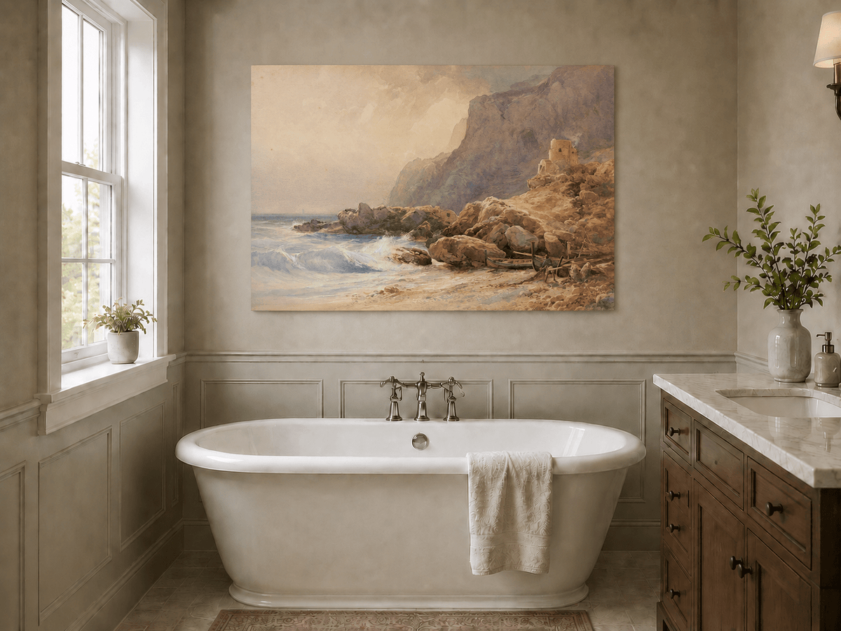 Peinture à l'huile de paysage - Tour de falaise côtière, rivage rocheux et vagues