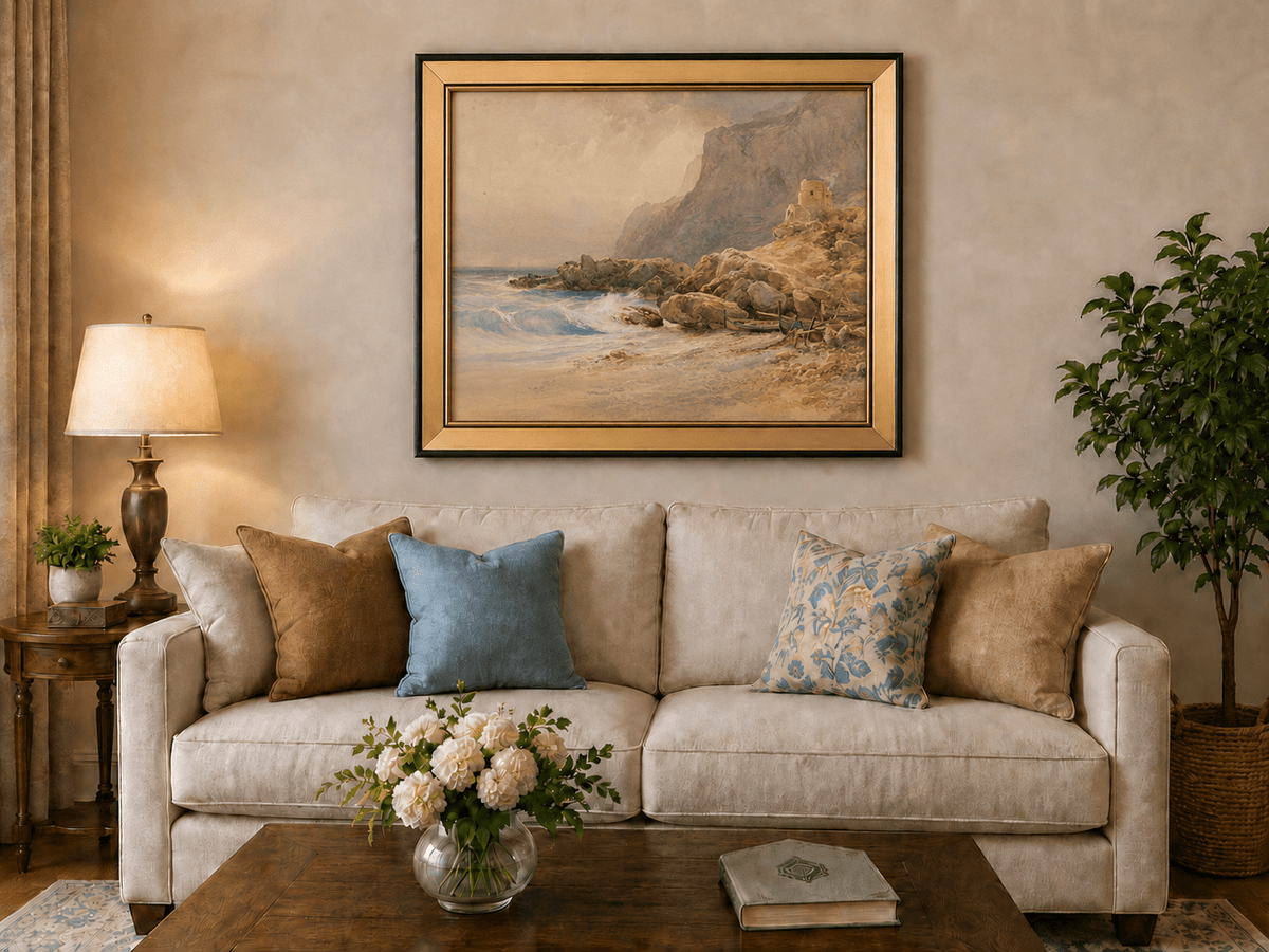 Peinture à l'huile de paysage - Tour de falaise côtière, rivage rocheux et vagues