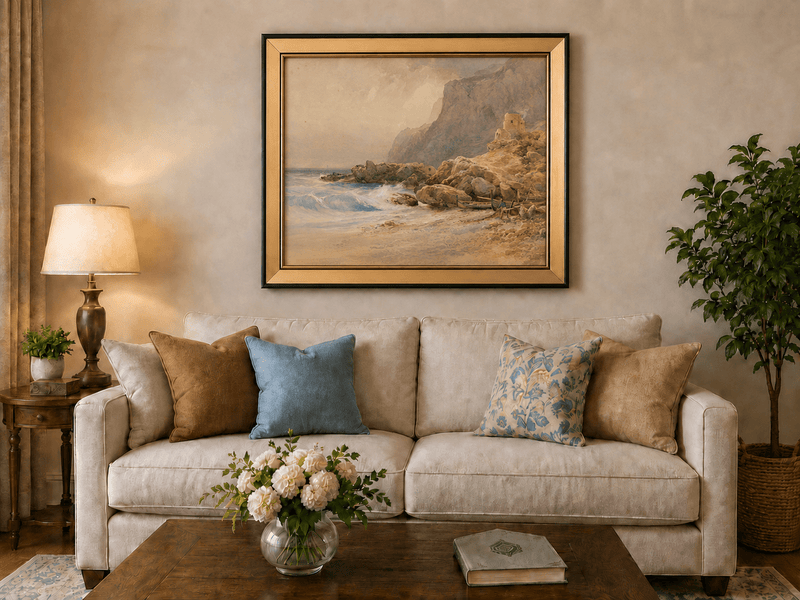 Peinture à l'huile de paysage - Tour de falaise côtière, rivage rocheux et vagues