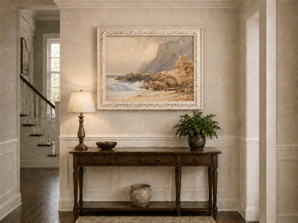 Peinture à l'huile de paysage - Tour de falaise côtière, rivage rocheux et vagues