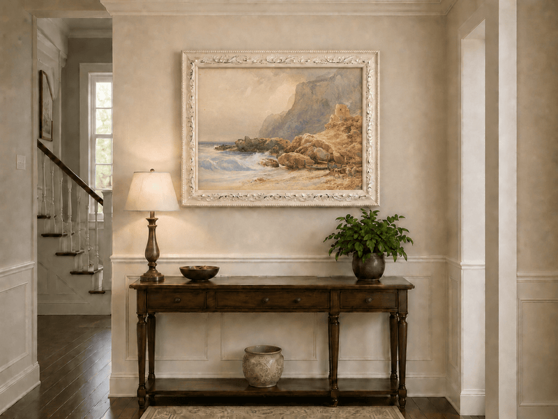 Peinture à l'huile de paysage - Tour de falaise côtière, rivage rocheux et vagues
