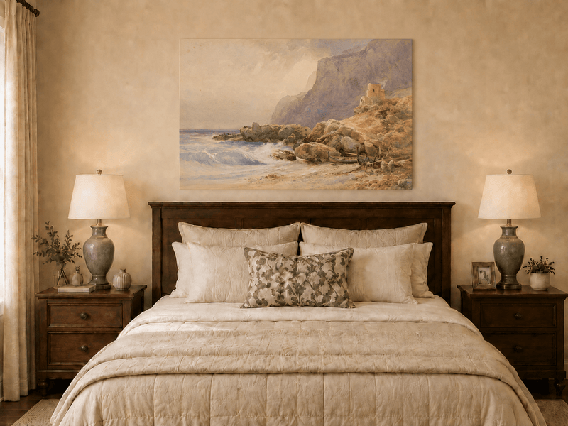 Peinture à l'huile de paysage - Tour de falaise côtière, rivage rocheux et vagues
