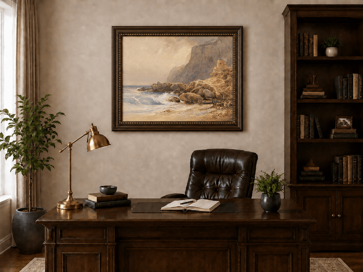 Peinture à l'huile de paysage - Tour de falaise côtière, rivage rocheux et vagues