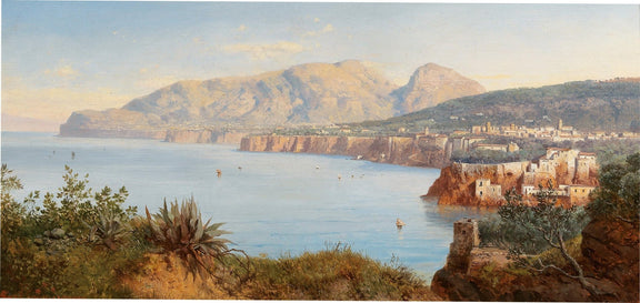 Hand-painted coastal cliff town and blue bay view landscape oil painting on canvas