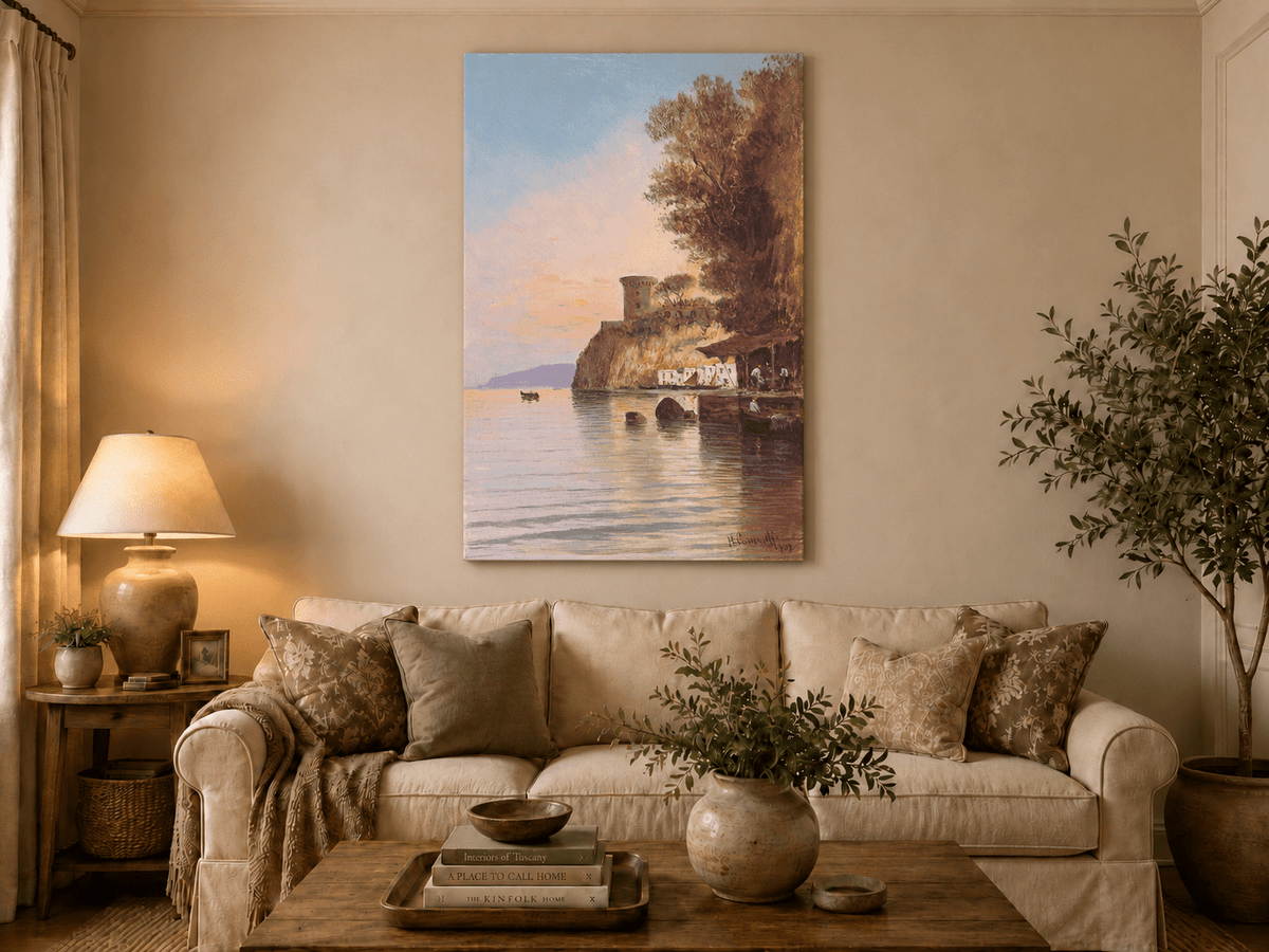 Peinture à l'huile de paysage - Falaise côtière, tour de guet au crépuscule