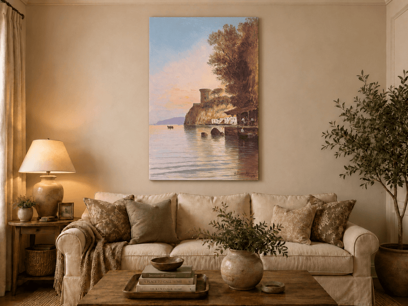 Peinture à l'huile de paysage - Falaise côtière, tour de guet au crépuscule