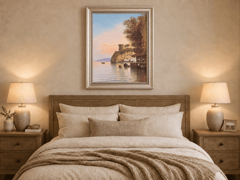 Peinture à l'huile de paysage - Falaise côtière, tour de guet au crépuscule