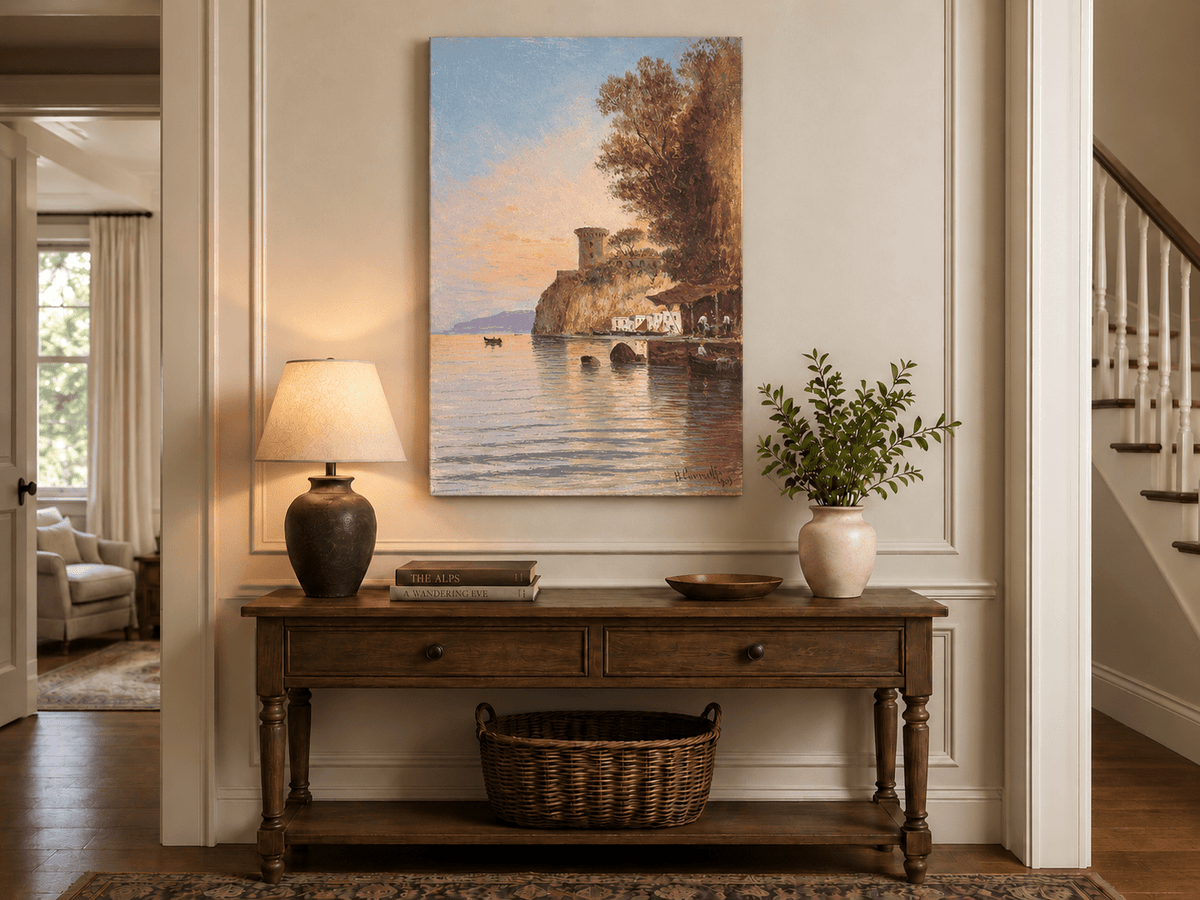 Peinture à l'huile de paysage - Falaise côtière, tour de guet au crépuscule