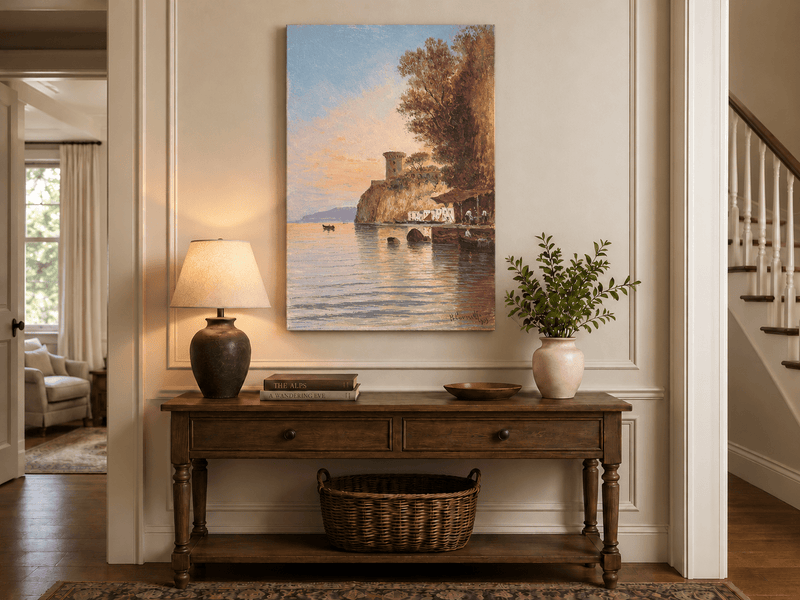 Peinture à l'huile de paysage - Falaise côtière, tour de guet au crépuscule