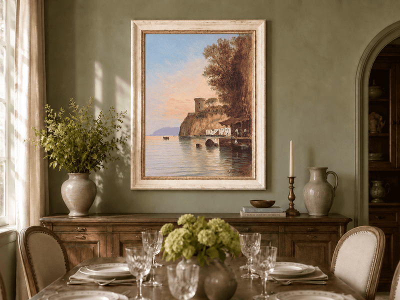 Peinture à l'huile de paysage - Falaise côtière, tour de guet au crépuscule