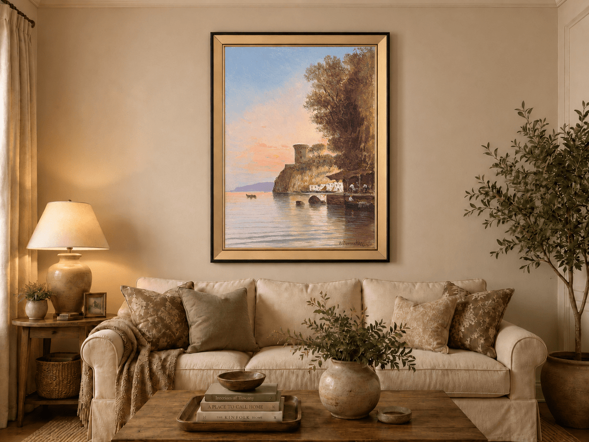 Peinture à l'huile de paysage - Falaise côtière, tour de guet au crépuscule