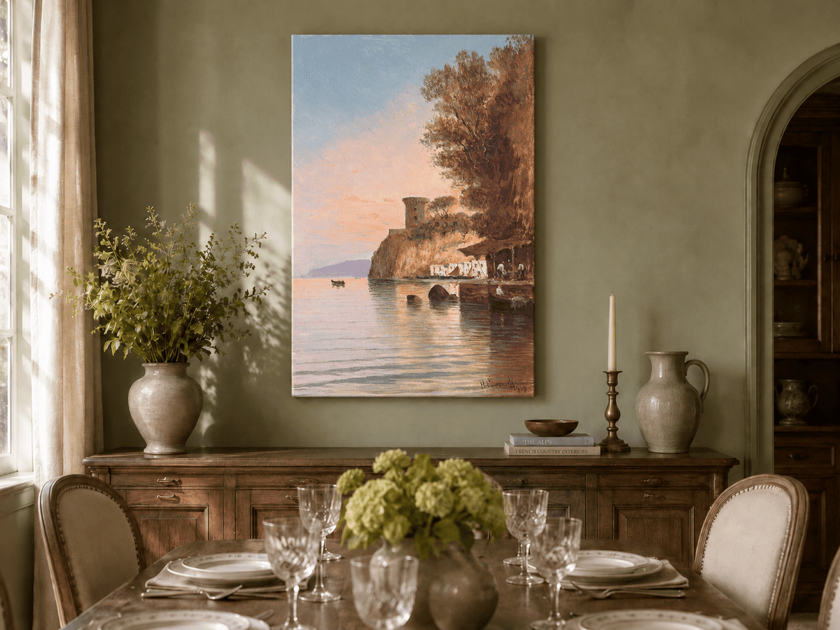 Peinture à l'huile de paysage - Falaise côtière, tour de guet au crépuscule