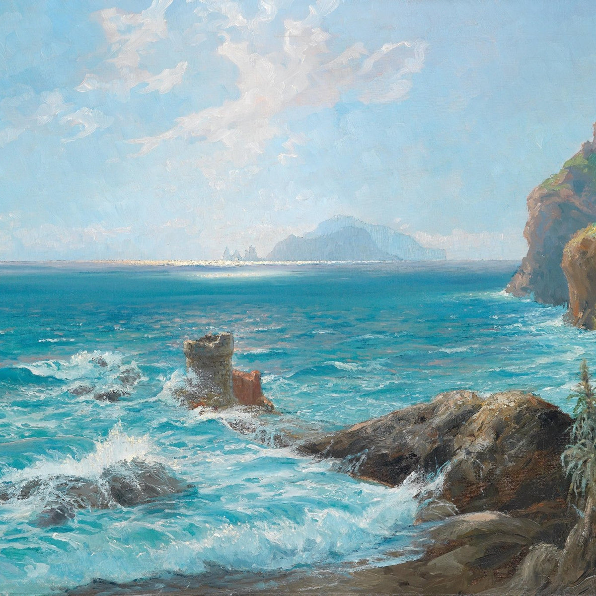 Landscape Oil Painting - Coastal cliff & waves rocks, distant island - Oil Painting Haven