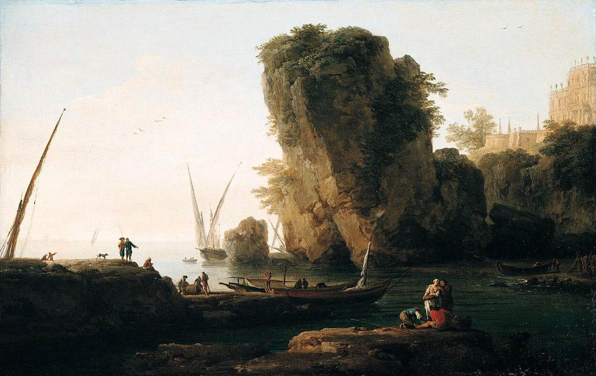 Hand-painted coastal cliffs and boats at sunset landscape oil painting on canvas
