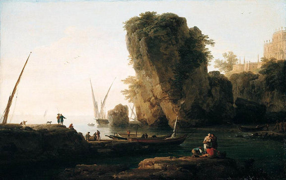 Hand-painted coastal cliffs and boats at sunset landscape oil painting on canvas