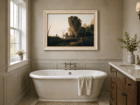 Coastal cliffs at sunset landscape oil painting presented as interior home decor.