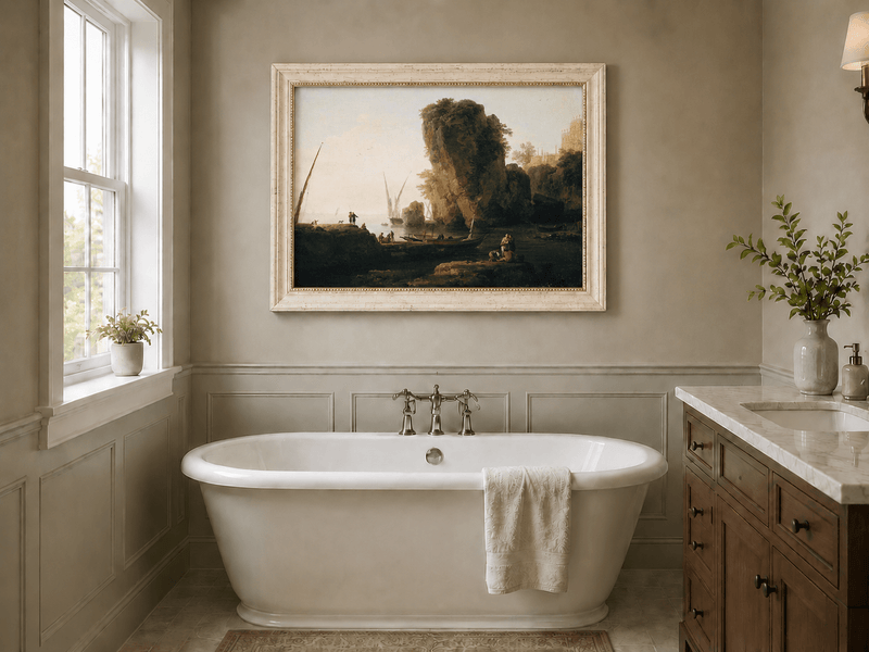 Coastal cliffs at sunset landscape oil painting presented as interior home decor.