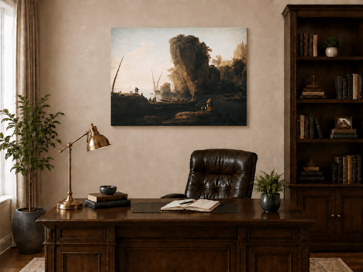 Interior wall art view featuring coastal cliffs and boats at sunset oil painting.