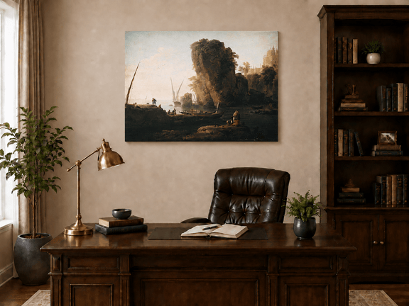 Interior wall art view featuring coastal cliffs and boats at sunset oil painting.