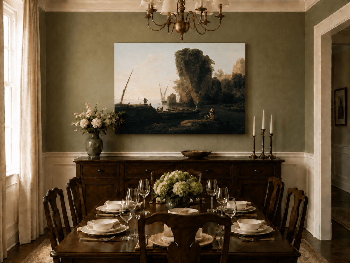 Hand-painted coastal sunset and boats landscape artwork in an interior display.