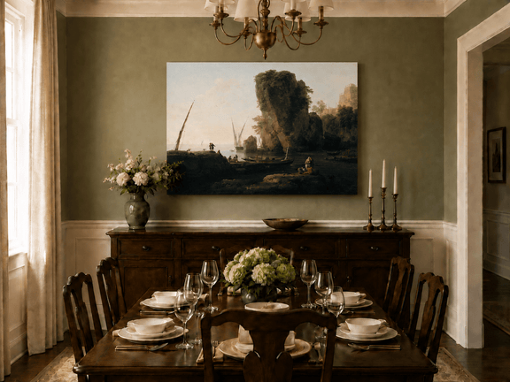 Hand-painted coastal sunset and boats landscape artwork in an interior display.