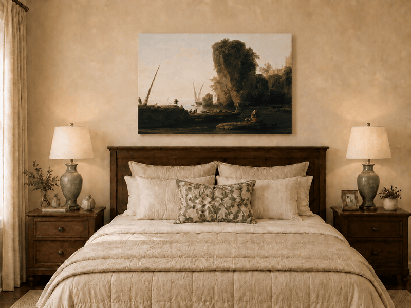 Coastal cliffs and boats oil painting displayed as landscape wall decor.