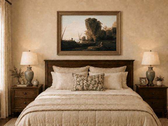 Hand-painted coastal cliffs and boats at sunset displayed as decorative wall art.
