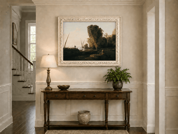 Coastal cliffs, boats and sunset hand-painted oil artwork shown as home wall decor.