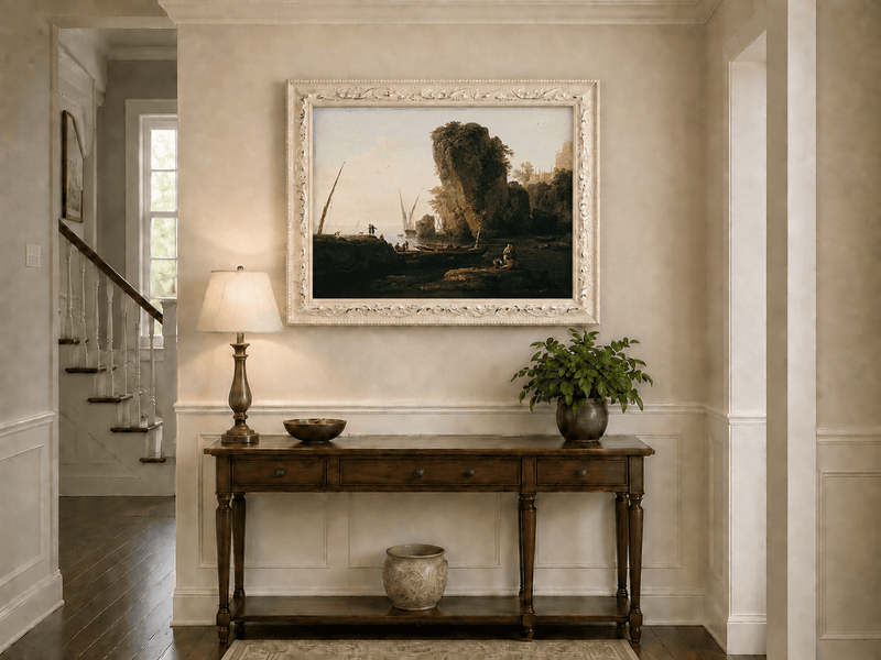 Coastal cliffs, boats and sunset hand-painted oil artwork shown as home wall decor.