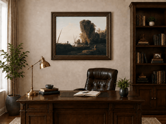 Coastal cliffs with boats at sunset landscape oil painting presented in an interior wall art mockup.