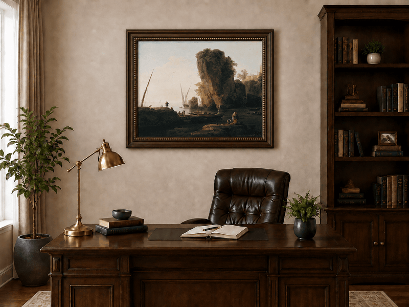 Coastal cliffs with boats at sunset landscape oil painting presented in an interior wall art mockup.