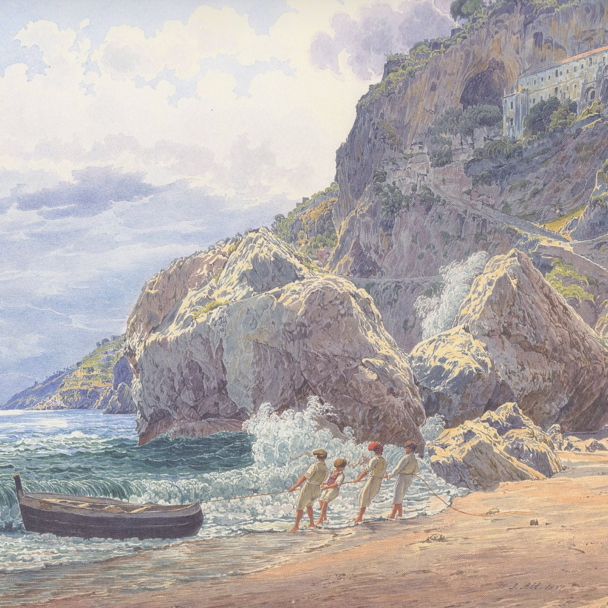 Hand-painted coastal cliffs and fishermen landscape oil painting on canvas