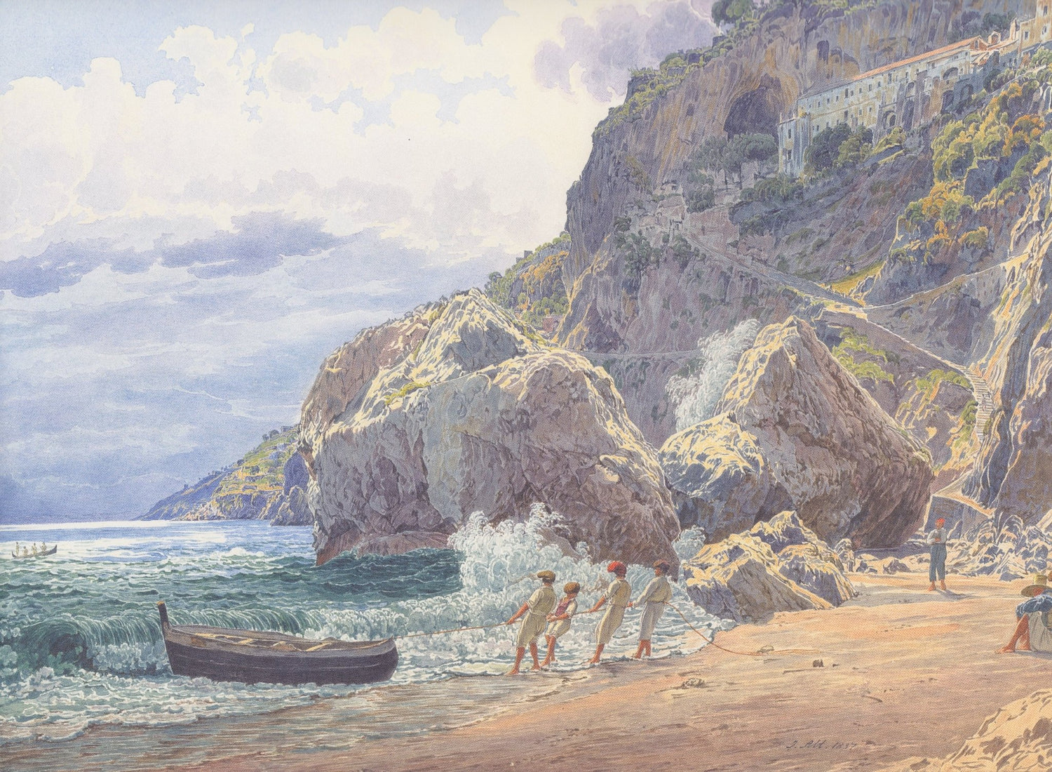 Hand-painted coastal cliffs and fishermen landscape oil painting on canvas