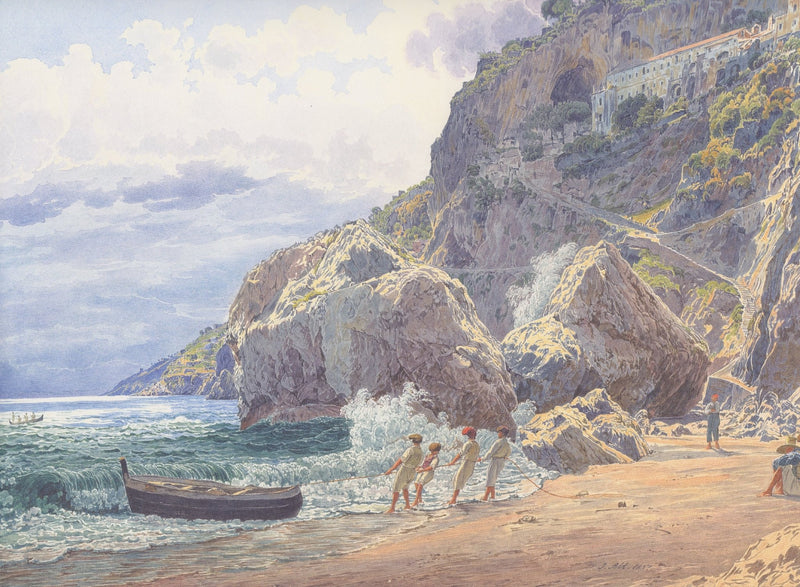 Hand-painted coastal cliffs and fishermen landscape oil painting on canvas