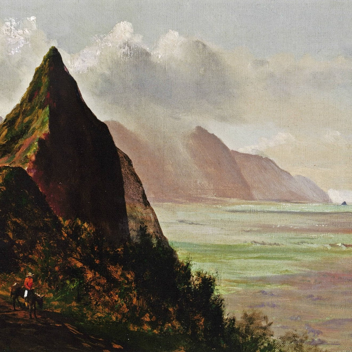 Hand-painted coastal cliffs and ocean path at sunset landscape oil painting on canvas