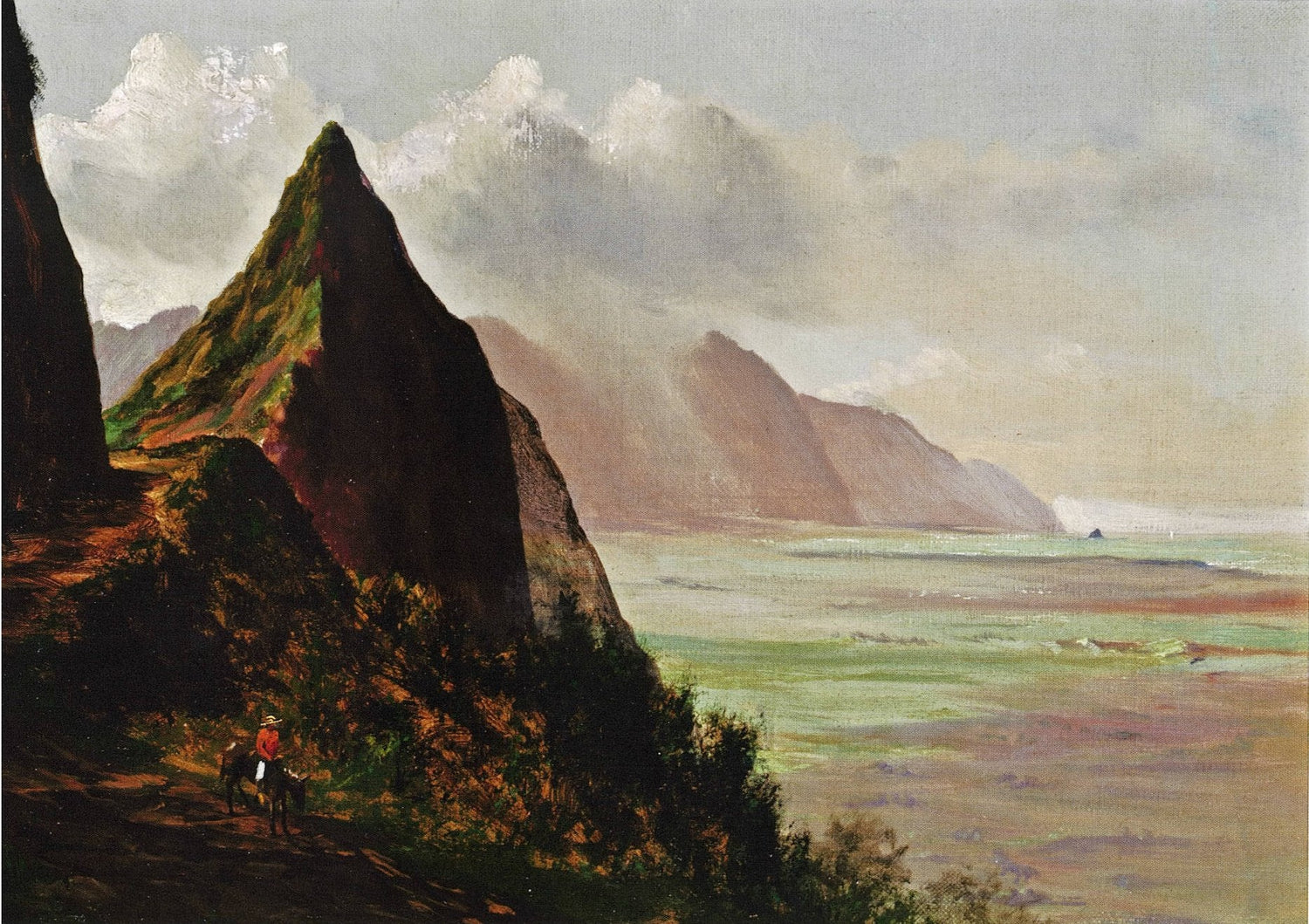 Hand-painted coastal cliffs and ocean path at sunset landscape oil painting on canvas