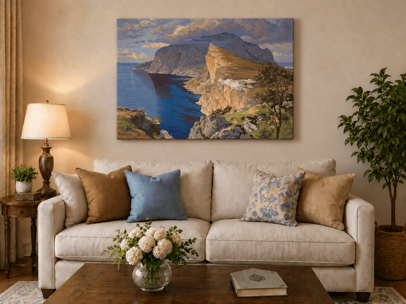 Peinture à l'huile de paysage - Falaises côtières et architecture