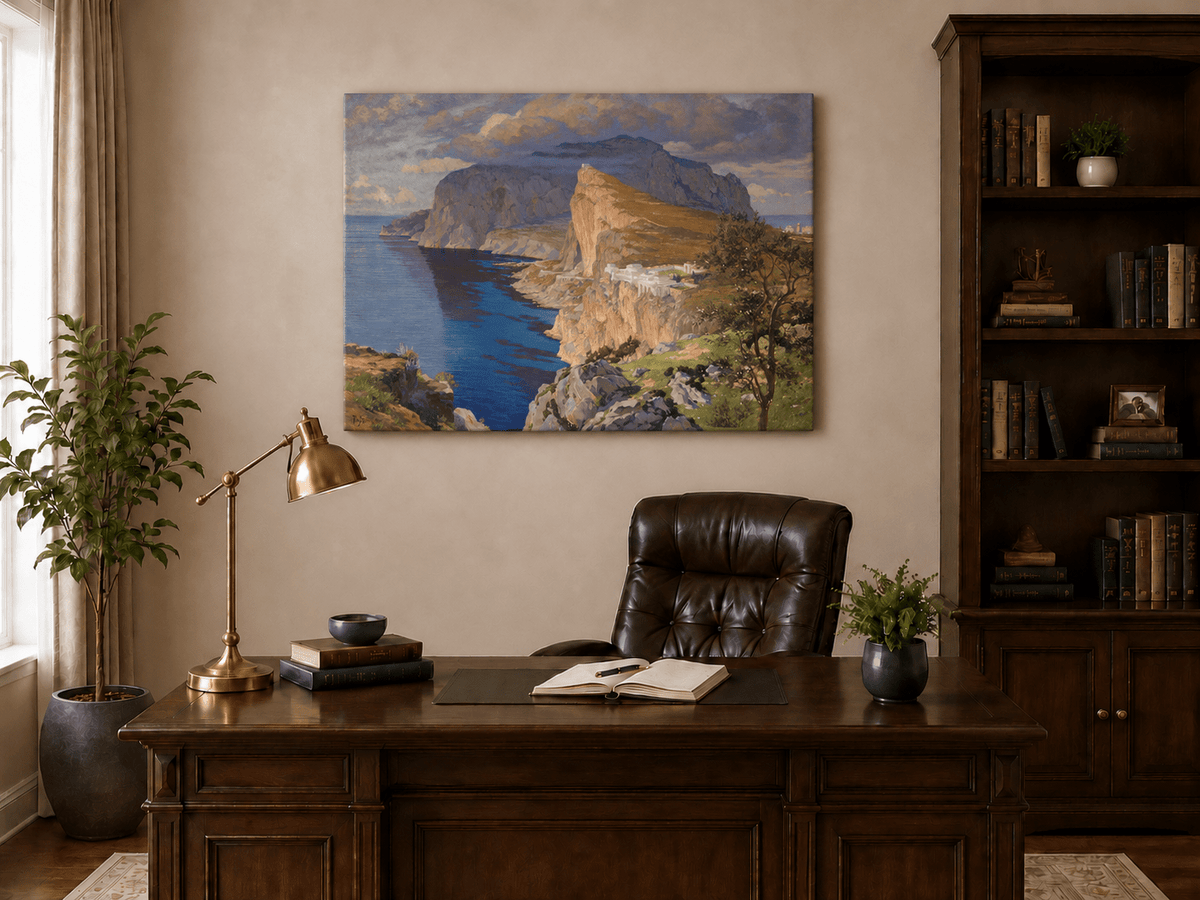 Peinture à l'huile de paysage - Falaises côtières et architecture