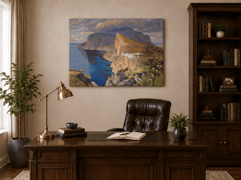 Peinture à l'huile de paysage - Falaises côtières et architecture