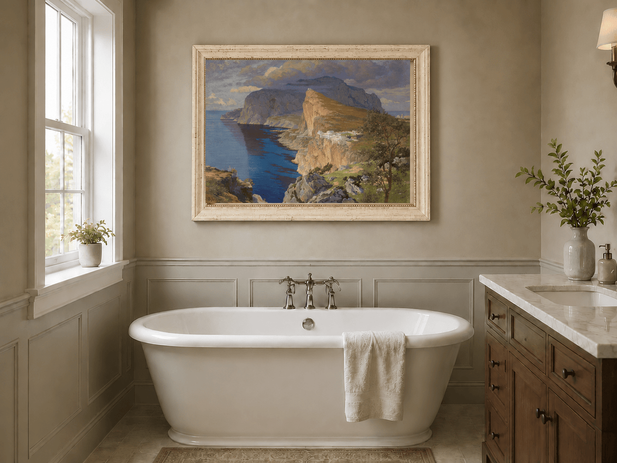Peinture à l'huile de paysage - Falaises côtières et architecture