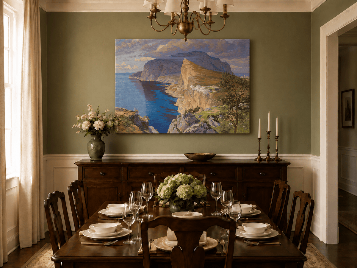 Peinture à l'huile de paysage - Falaises côtières et architecture