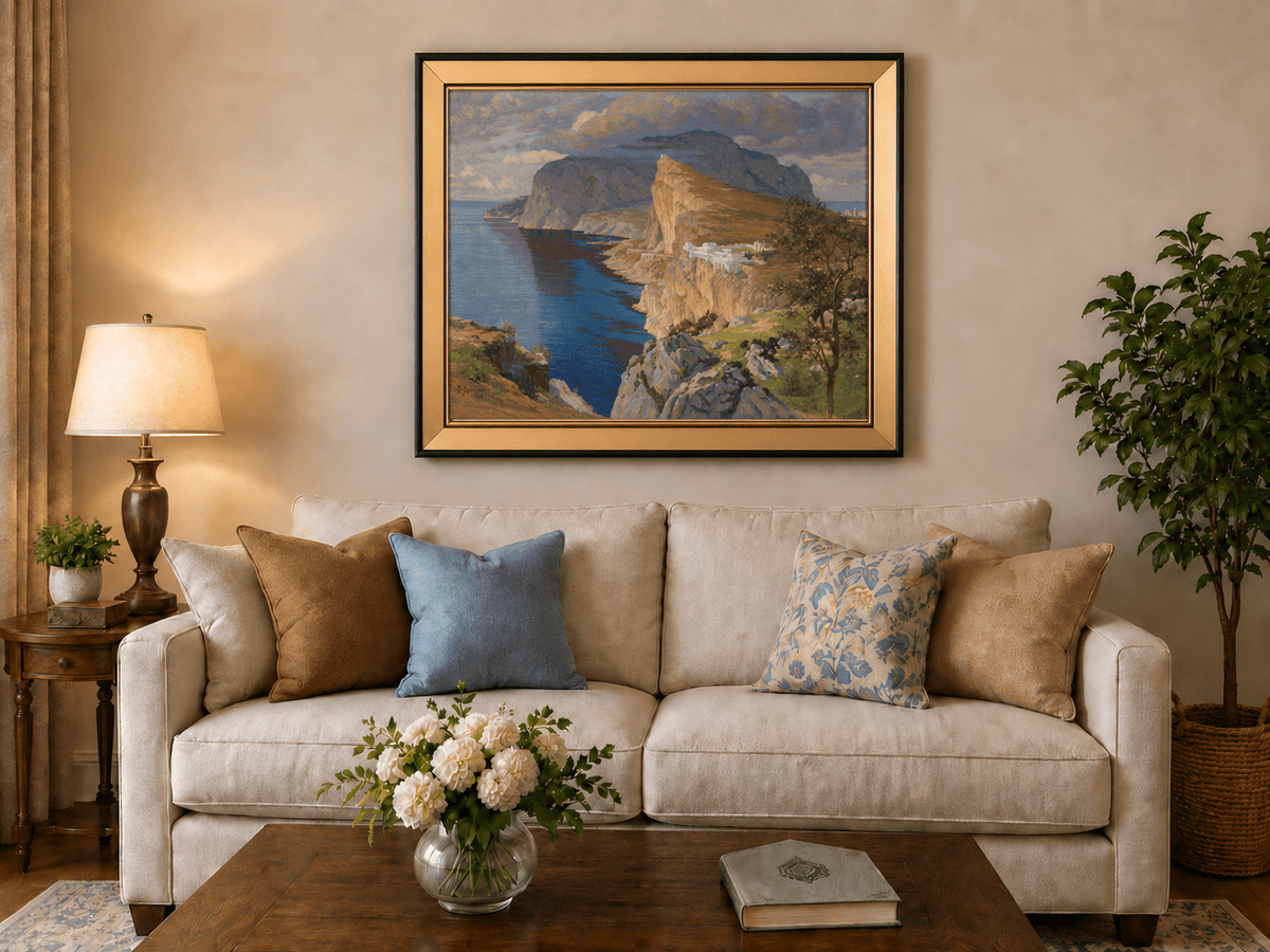Peinture à l'huile de paysage - Falaises côtières et architecture