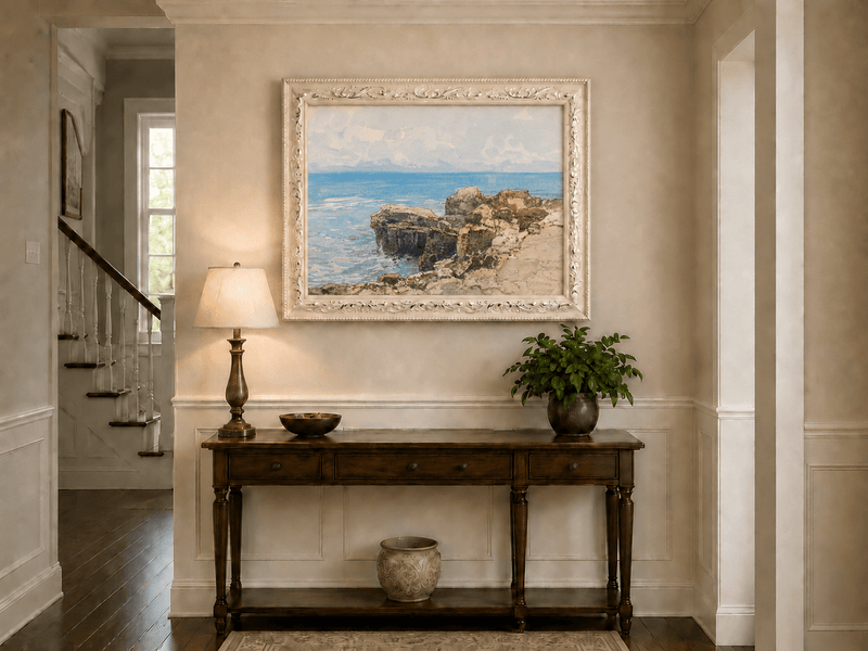 Peinture à l'huile de paysage - Gouffre rocheux spectaculaire avec personnages