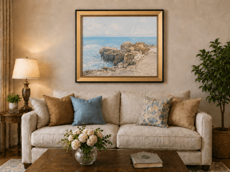 Peinture à l'huile de paysage - Gouffre rocheux spectaculaire avec personnages